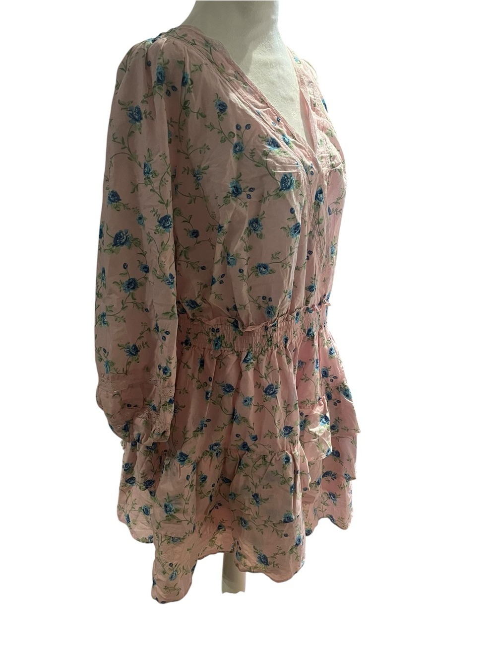LoveShackFancy NWT 2XL Pink Blue Floral Prairie Cottagecore Dress Lace Trim - Picture 6 of 13
